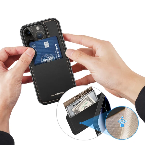 3in1 piniginės dėklas su stovu iPhone 15 Pro Max MagSafe su RFID blokavimu Dux Ducis Rafi Mag – juodas - Image 10