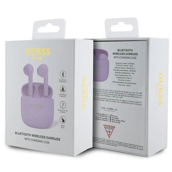Guess GUTWST26PSU TWS Bluetooth ausinės + įkrovimo stotelė – violetinės Classic EST Logo - Image 4
