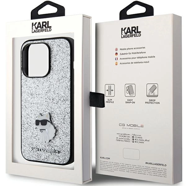 Karl Lagerfeld fiksuotas blizgus Choupette logotipo metalinis smeigtukas dėklas skirtas iPhone 15 Pro - sidabrinis - Image 8