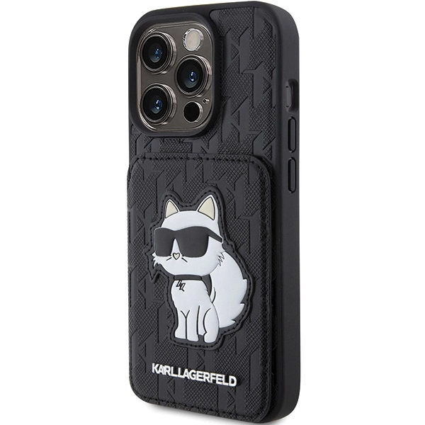Karl Lagerfeld Saffiano kortelių lizdai ir stovas Monogram Choupette dėklas skirtas iPhone 15 Pro - juodas - Image 2