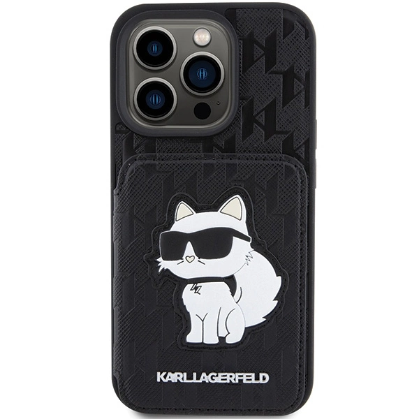 Karl Lagerfeld Saffiano kortelių lizdai ir stovas Monogram Choupette dėklas skirtas iPhone 15 Pro - juodas - Image 3
