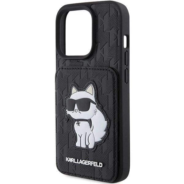 Karl Lagerfeld Saffiano kortelių lizdai ir stovas Monogram Choupette dėklas skirtas iPhone 15 Pro - juodas - Image 6