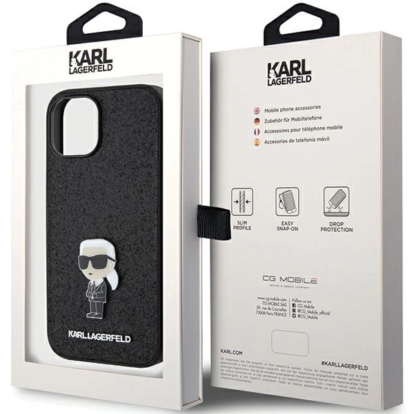 Karl Lagerfeld fiksuotas blizgus Ikonik logotipo metalinis smeigtukas dėklas skirtas iPhone 15 - juodas - Image 8