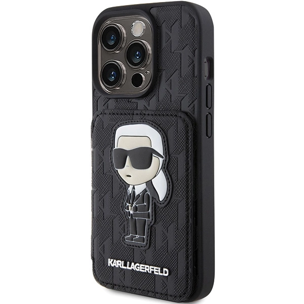 Karl Lagerfeld Saffiano kortelių lizdai ir stovas Monogram Ikonik Patch dėklas skirtas iPhone 15 Pro Max - juodas - Image 2
