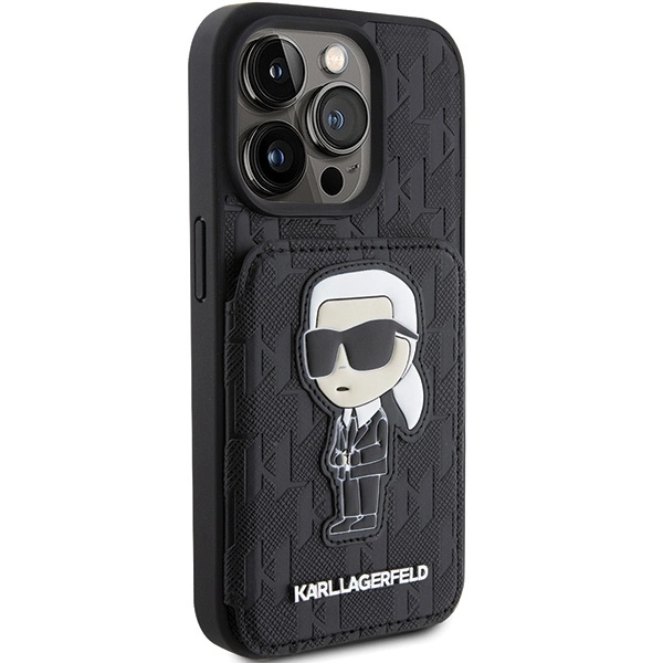 Karl Lagerfeld Saffiano kortelių lizdai ir stovas Monogram Ikonik Patch dėklas skirtas iPhone 15 Pro Max - juodas - Image 4
