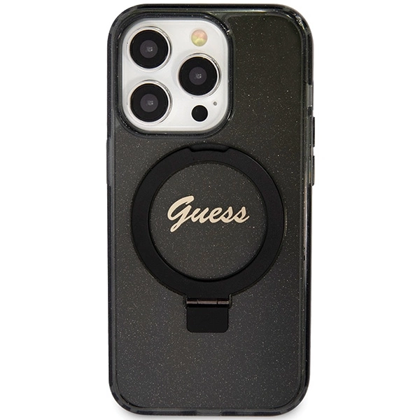 Guess Ring Stand Script Glitter MagSafe dėklas iPhone 15 Pro - juodas - Image 3