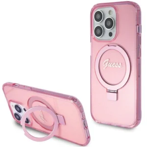Guess Ring Stand Script Glitter MagSafe case for iPhone 15 Pro Max - pink