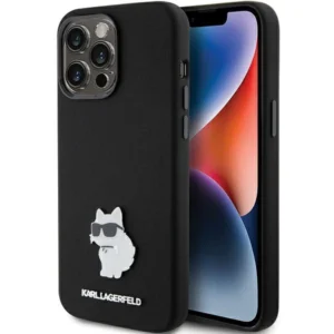 Karl Lagerfeld Silicone Choupette Metal Pin case for iPhone 15 Pro Max - black