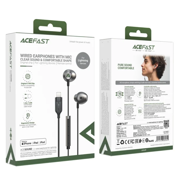 Acefast L1 ausinės į ausį su Lightning jungtimi, mikrofonu ir nuotoliniu valdymu 1,2 m - juodos - Image 7