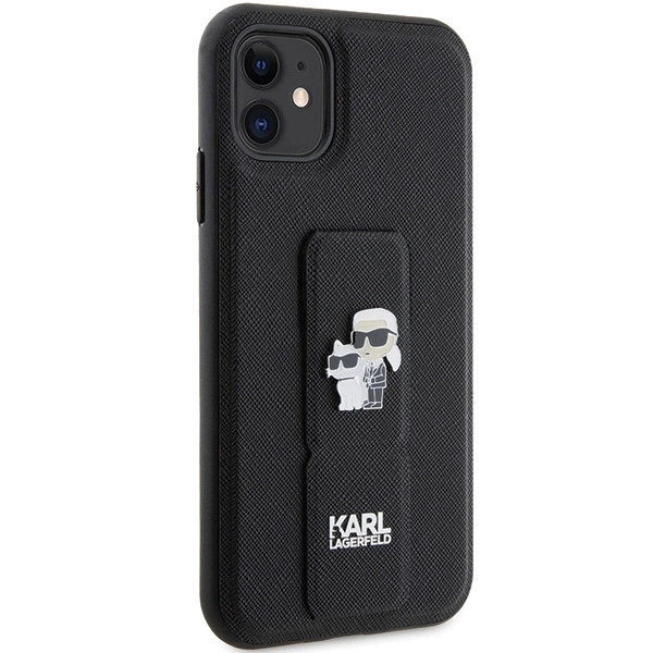 Karl Lagerfeld Gripstand Saffiano Karl & Choupette Pins dėklas iPhone 11 / Xr - juodas - Image 4