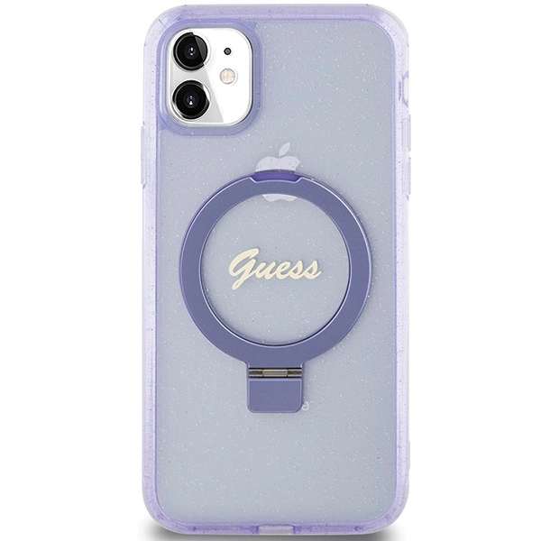 Guess Ring Stand Script Glitter MagSafe dėklas iPhone 11 / Xr - violetinis - Image 3