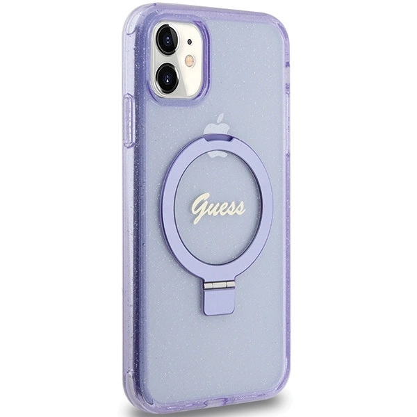 Guess Ring Stand Script Glitter MagSafe dėklas iPhone 11 / Xr - violetinis - Image 4