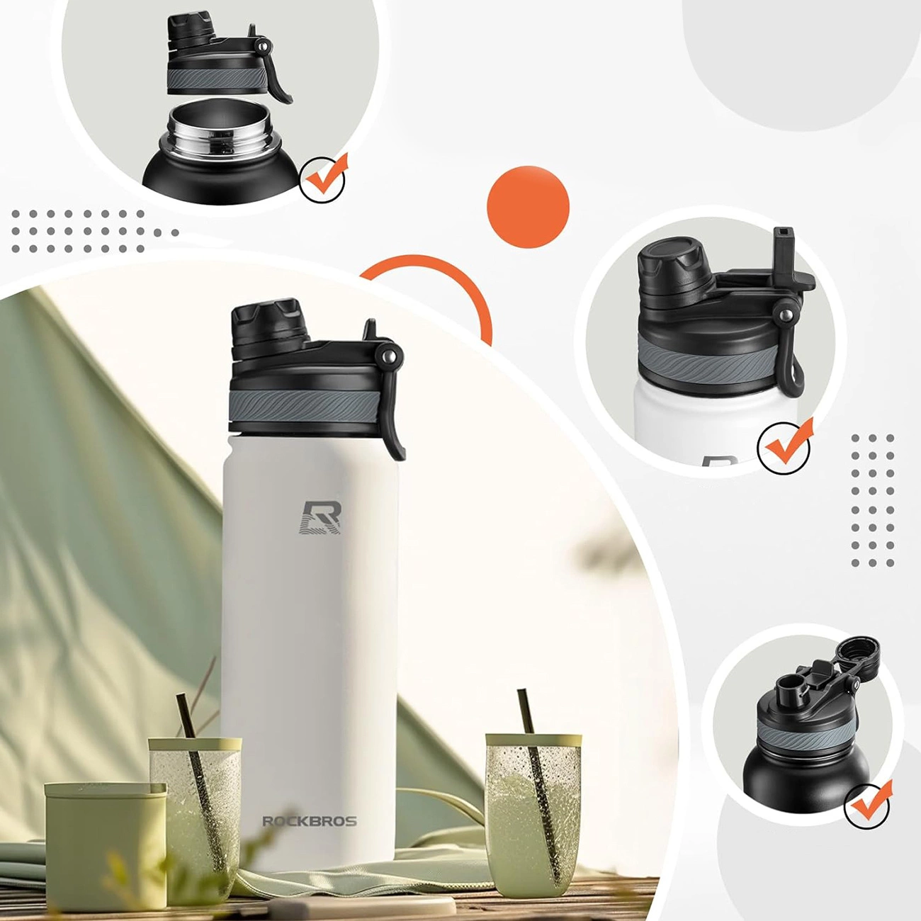 Rockbros 35210029006 dviračio gertuvės termo butelis 650 ml – baltas - Image 6