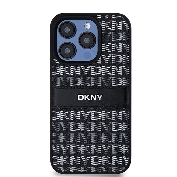 DKNY Leather Mono Stripe & Metal Logo dėklas iPhone 15 Pro – juodas - Image 3