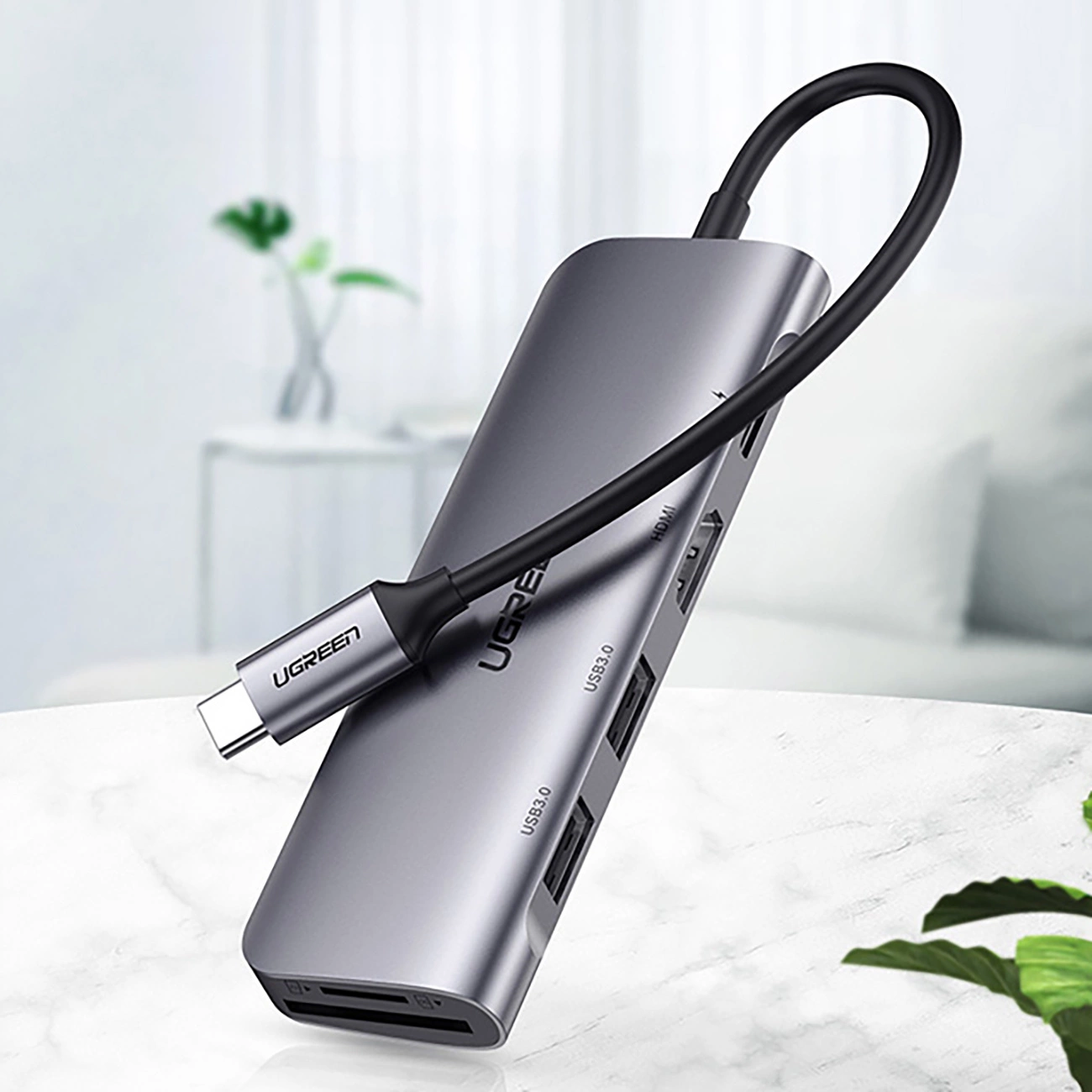 Ugreen CM195 6in1 adapteris USB-C – HDMI / 2x USB-A 3.0 / USB-C PD / SD / TF skaitytuvas – pilkas - Image 2