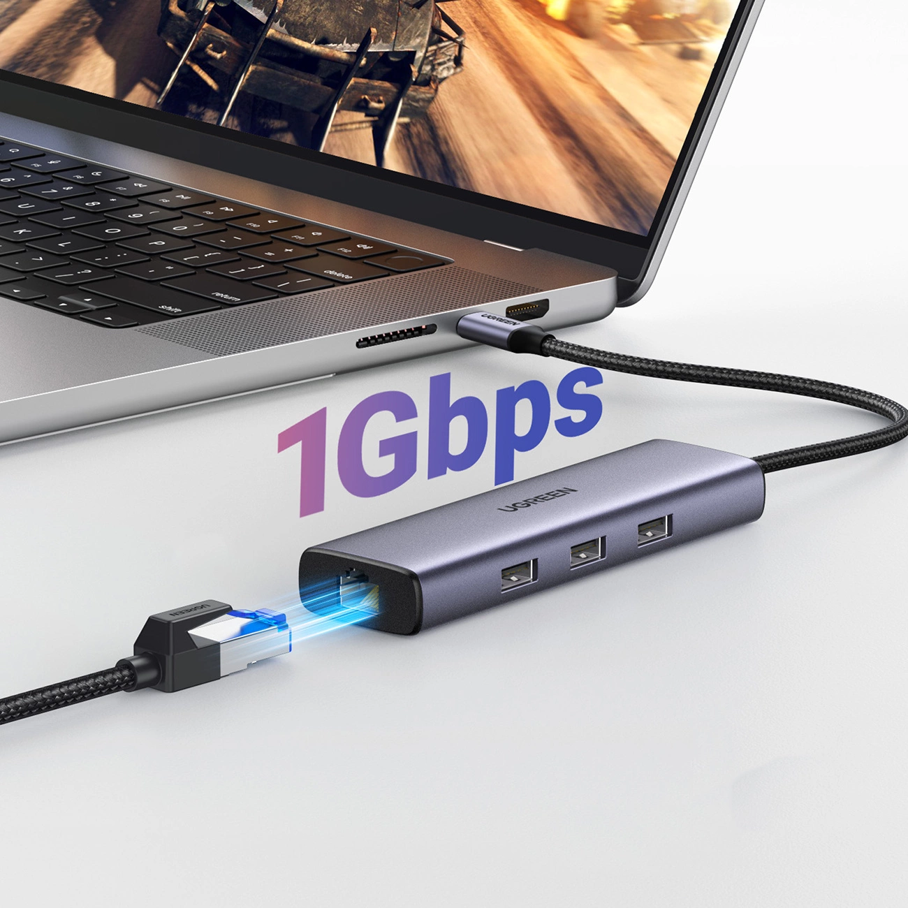 HUB Ugreen CM512 15598 6-1 USB-C - 3x USB-A 3.0 / HDMI / RJ45 / USB-C PD - pilkas - Image 4