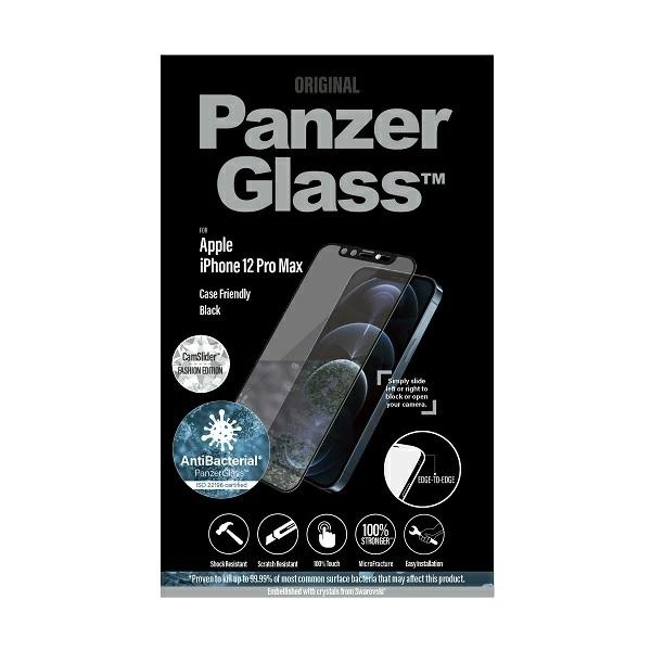 PanzerGlass E2E Microfracture antibakterinis stiklas su Swarovsky kristalų kameros dangteliu iPhone 12 Pro Max – su juodu rėmeliu - Image 3