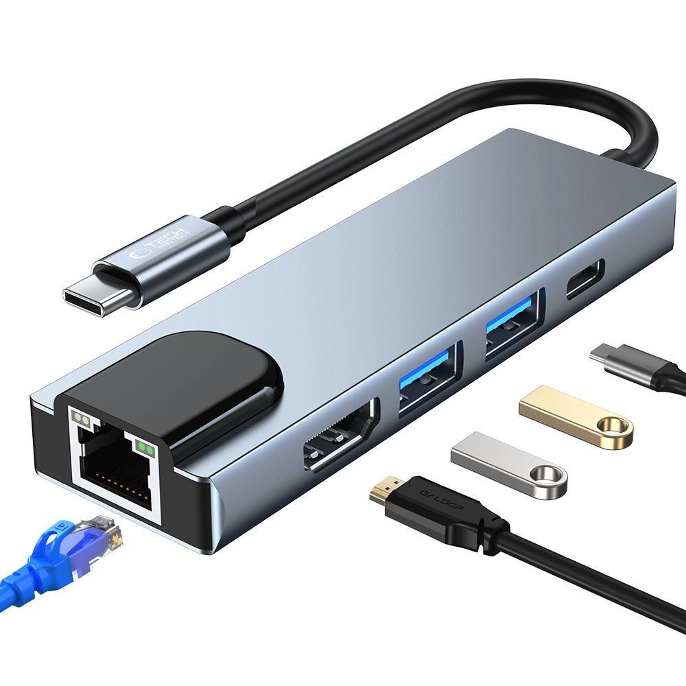 HUB Tech-Protect V3 5in1 USB-C - USB-A 3.0 / USB-A 2.0 / USB-C / HDMI / RJ45 - pilkas - Image 2