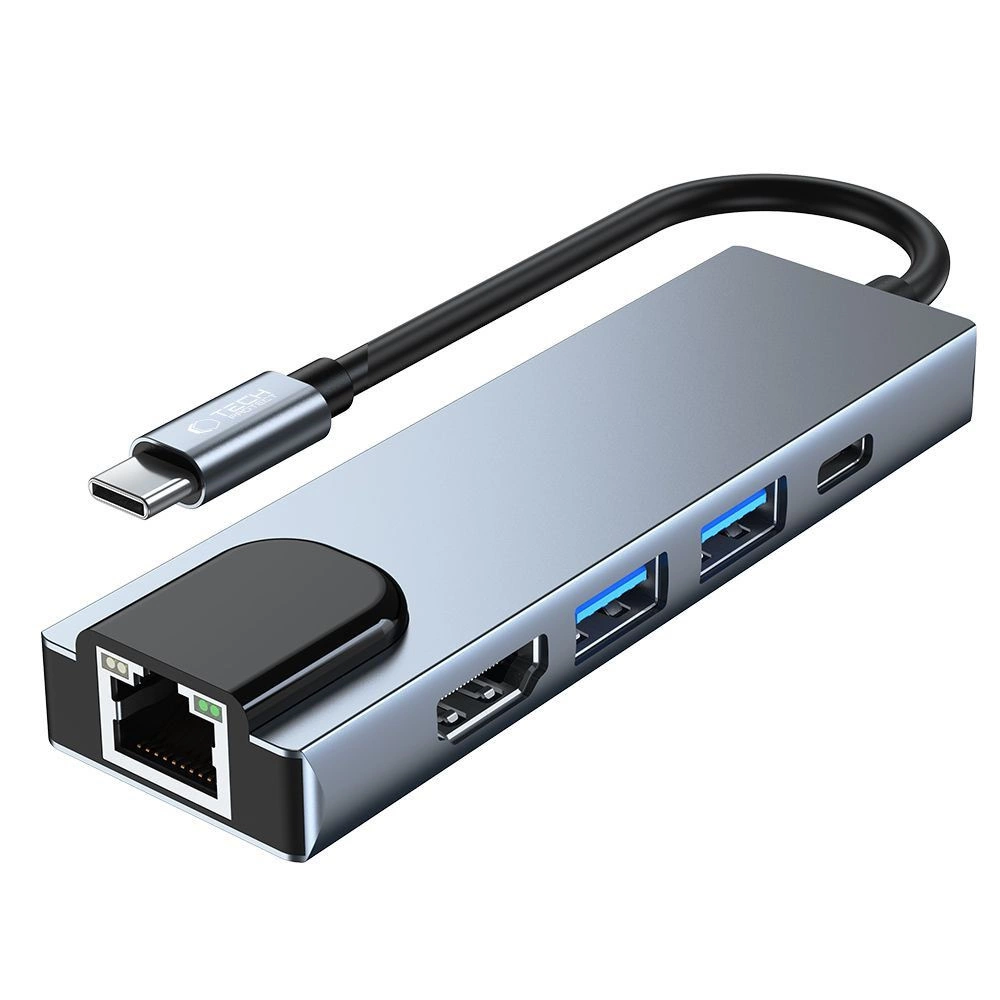 HUB Tech-Protect V3 5in1 USB-C - USB-A 3.0 / USB-A 2.0 / USB-C / HDMI / RJ45 - pilkas - Image 3