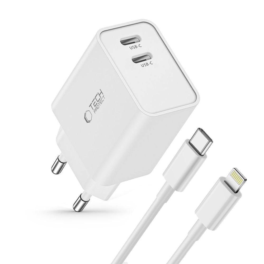 Tech-Protect C35W 2x USB-C PD 35W sieninis įkroviklis su USB-C / Lightning kabeliu – baltas - Image 2