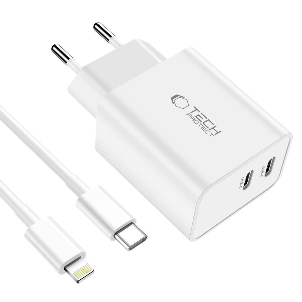 Tech-Protect C35W 2x USB-C PD 35W sieninis įkroviklis su USB-C / Lightning kabeliu – baltas - Image 3