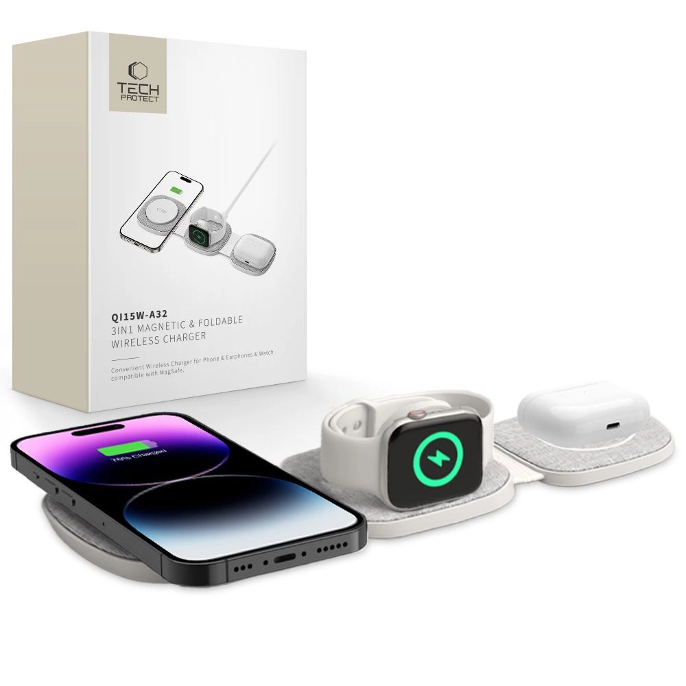 Tech-Protect QI15W-A32 3-in-1 Inductive Charger with MagSafe for Smartphone / Apple Watch / AirPods - Gray
