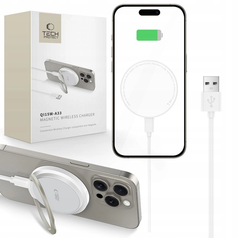 Tech-Protect QI15W-A33 Inductive Charger with MagSafe and Stand with USB-A / USB-C Cable - White