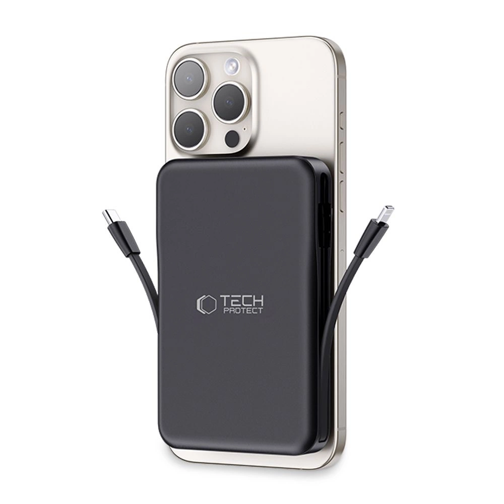 Tech-Protect LifeMag PB31 išorinė baterija su MagSafe 10000mAh 15W USB-C / USB-A / integruotas USB-C / Lightning kabeliai - juoda - Image 9