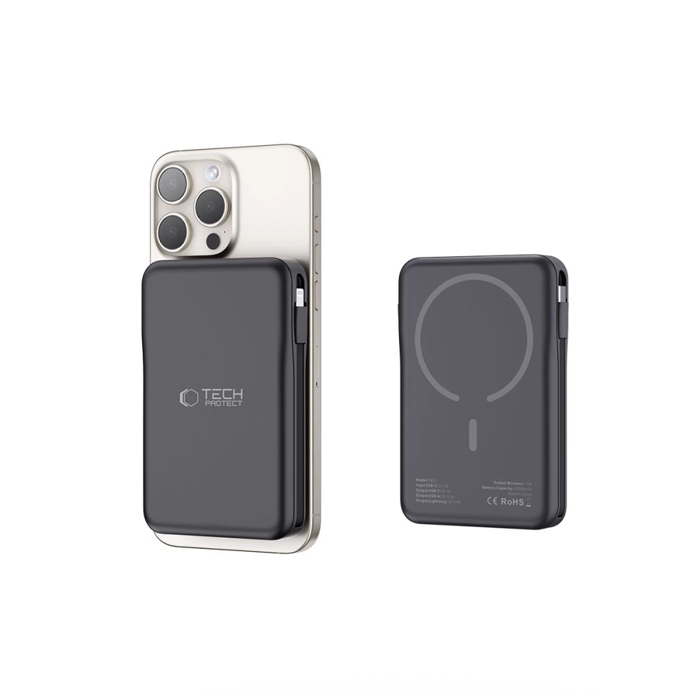 Tech-Protect LifeMag PB31 išorinė baterija su MagSafe 10000mAh 15W USB-C / USB-A / integruotas USB-C / Lightning kabeliai - juoda - Image 5