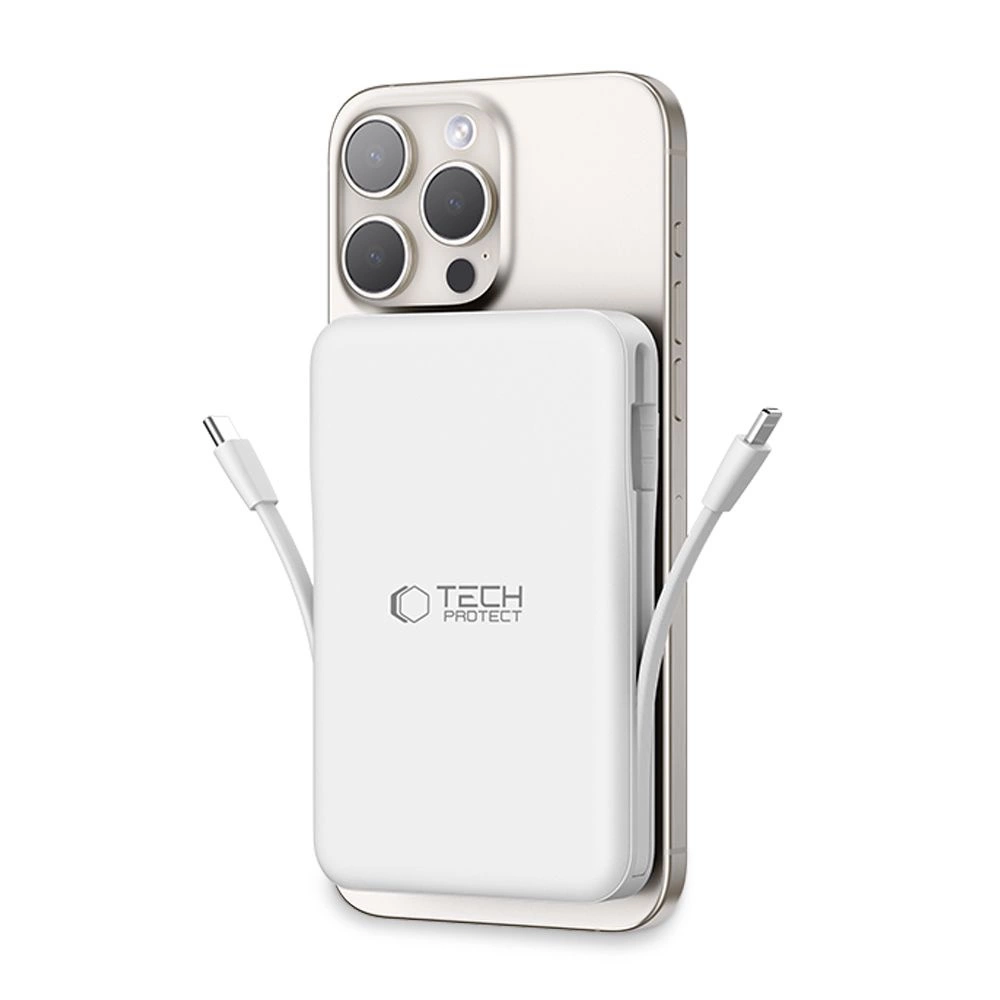 Tech-Protect LifeMag PB31 išorinė baterija su MagSafe 10000mAh 15W USB-C / USB-A / integruotas USB-C / Lightning kabeliai - balta - Image 9