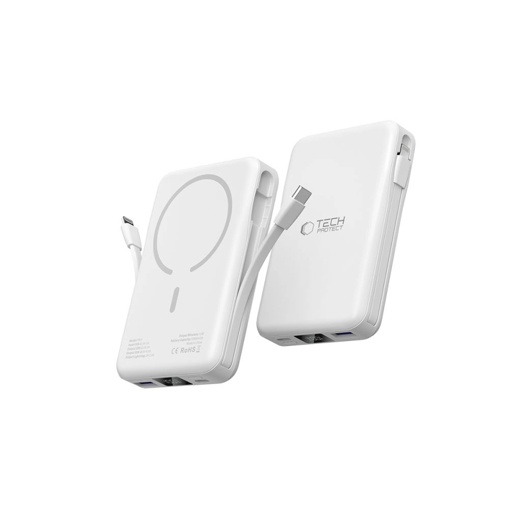 Tech-Protect LifeMag PB31 išorinė baterija su MagSafe 10000mAh 15W USB-C / USB-A / integruotas USB-C / Lightning kabeliai - balta - Image 3