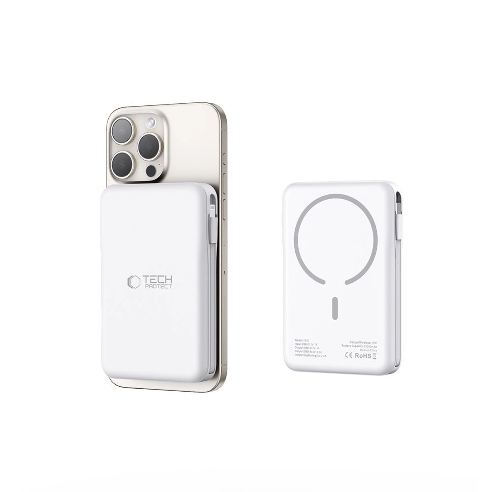 Tech-Protect LifeMag PB31 išorinė baterija su MagSafe 10000mAh 15W USB-C / USB-A / integruotas USB-C / Lightning kabeliai - balta - Image 5