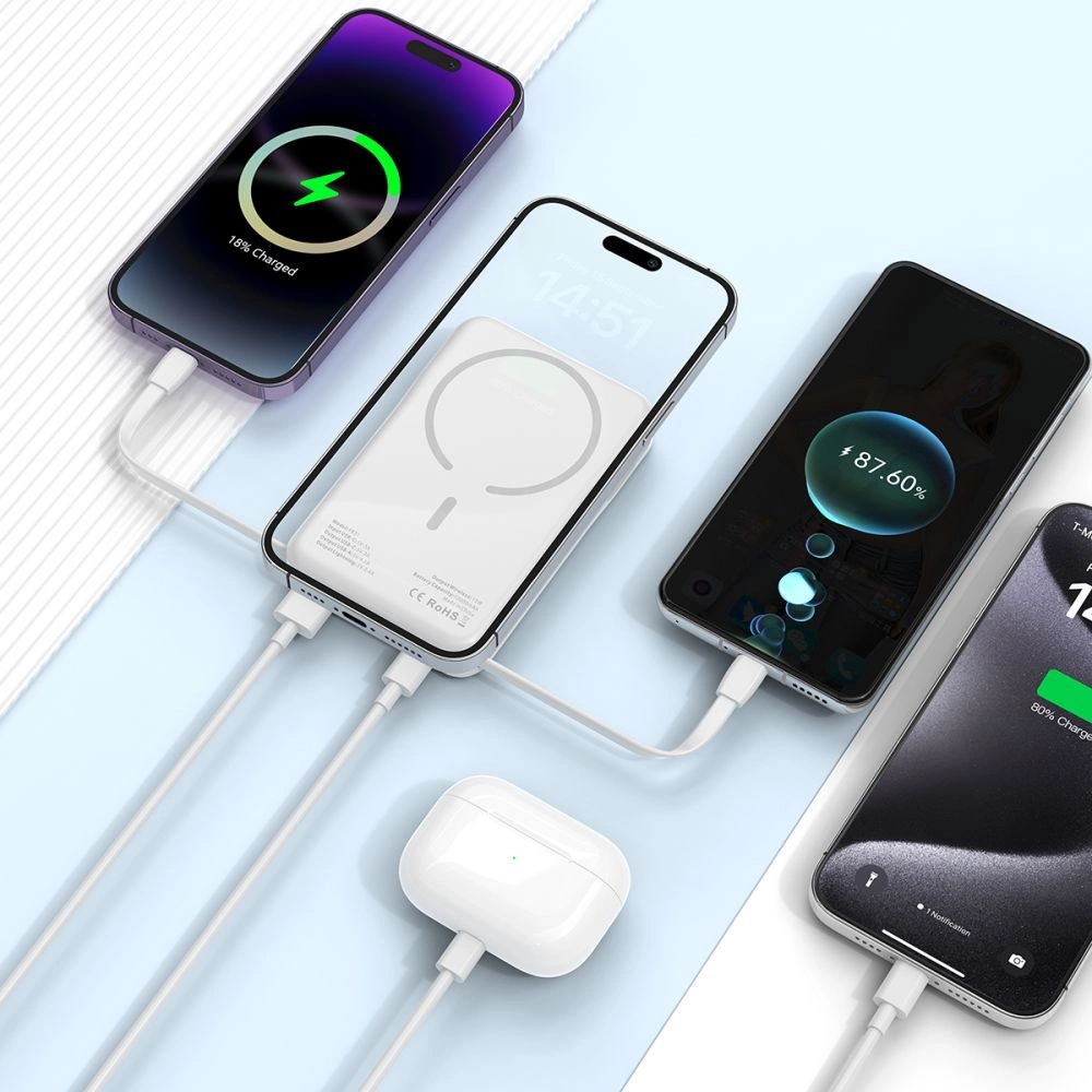 Tech-Protect LifeMag PB31 išorinė baterija su MagSafe 10000mAh 15W USB-C / USB-A / integruotas USB-C / Lightning kabeliai - balta - Image 6