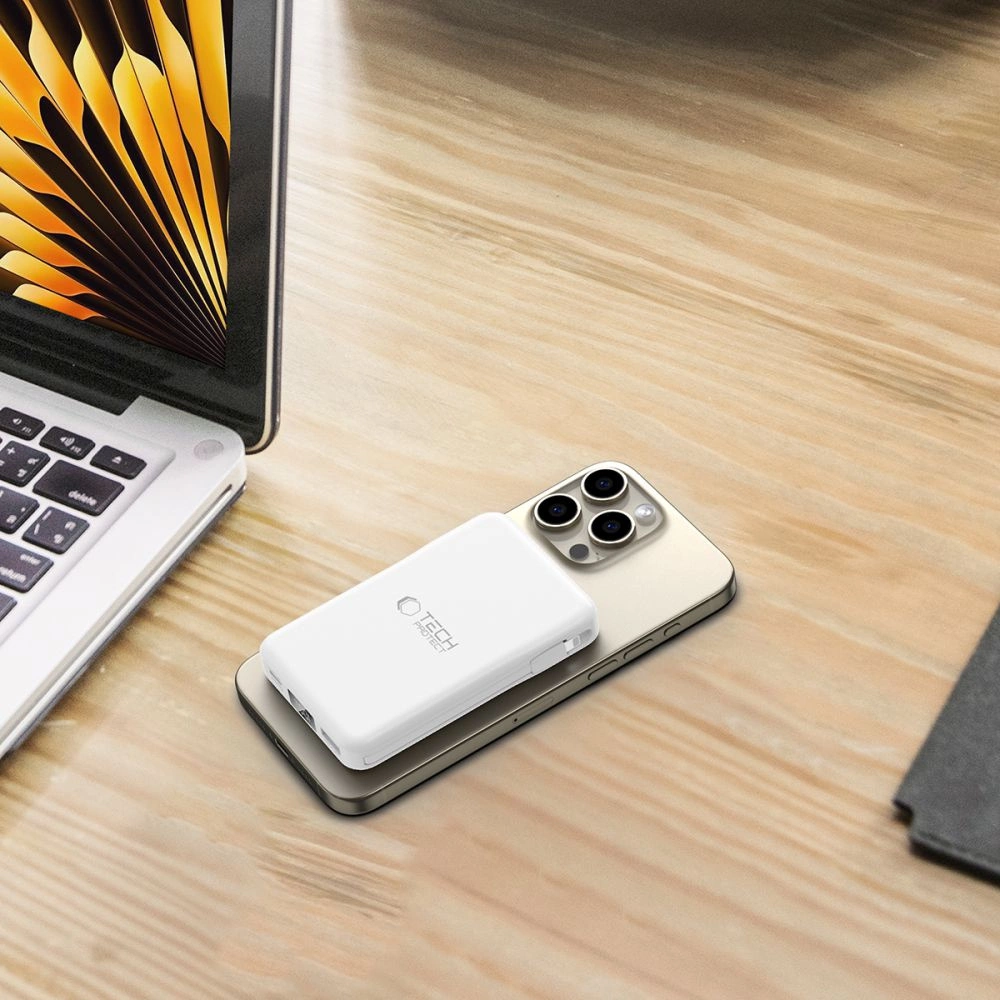 Tech-Protect LifeMag PB31 išorinė baterija su MagSafe 10000mAh 15W USB-C / USB-A / integruotas USB-C / Lightning kabeliai - balta - Image 7