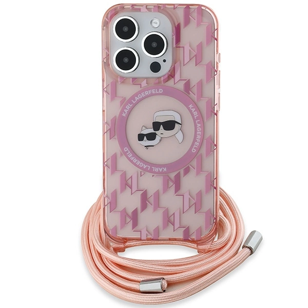 Karl Lagerfeld IML per petį nešiojamas monogramos Karl & Choupette galvos MagSafe dėklas iPhone 15 Pro - rožinis - Image 2