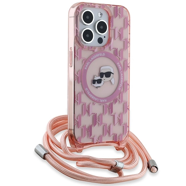 Karl Lagerfeld IML per petį nešiojamas monogramos Karl & Choupette galvos MagSafe dėklas iPhone 15 Pro - rožinis - Image 3