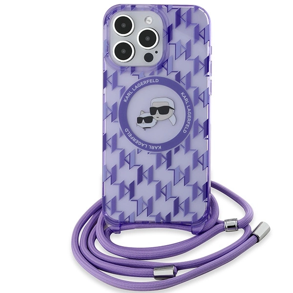 Karl Lagerfeld IML per petį nešiojamas monogramos Karl & Choupette galvos MagSafe dėklas iPhone 15 Pro - violetinis - Image 2