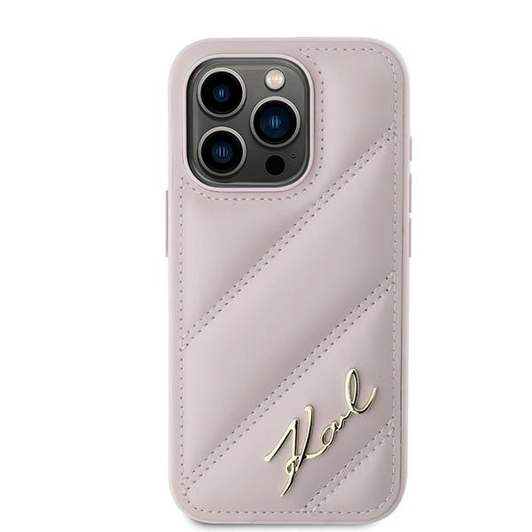 Karl Lagerfeld įstrižai siūtas raštuotas dėklas iPhone 15 Pro - rožinis - Image 3