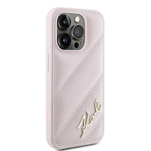 Karl Lagerfeld įstrižai siūtas raštuotas dėklas iPhone 15 Pro - rožinis - Image 4