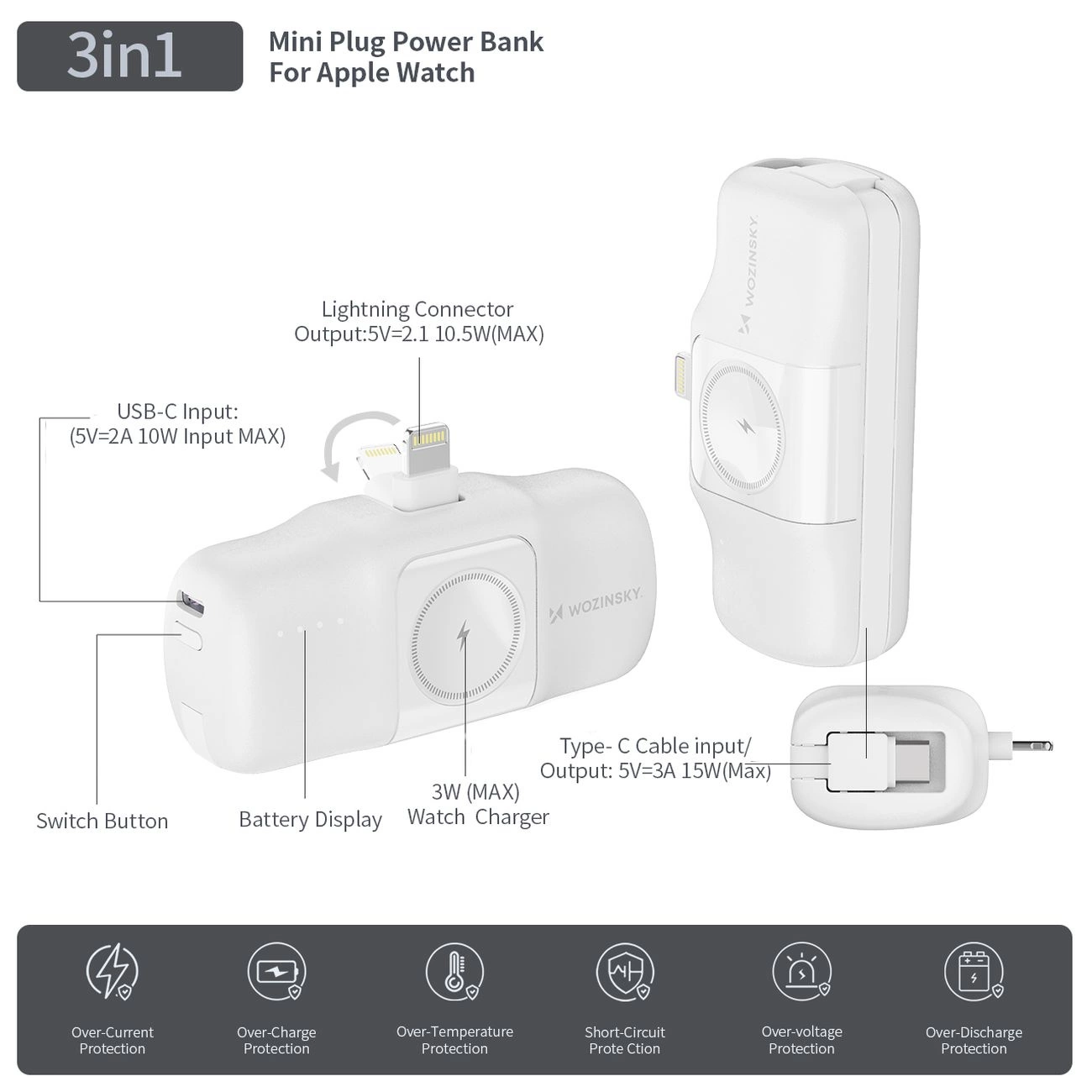 Wozinsky WF16-YLS 5000 mAh 15 W Lightning mini išorinė baterija su integruotu USB-C kabeliu ir Apple Watch įkrovikliu – balta - Image 12