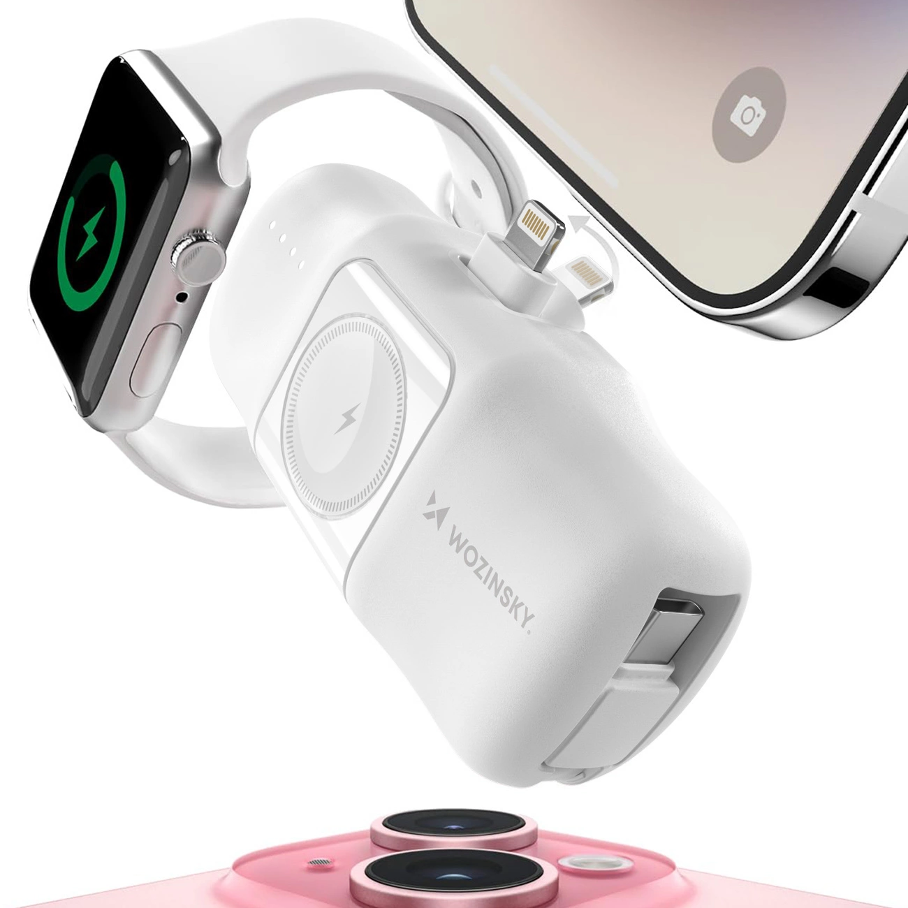 Wozinsky WF16-YLS 5000 mAh 15 W Lightning mini išorinė baterija su integruotu USB-C kabeliu ir Apple Watch įkrovikliu – balta - Image 6