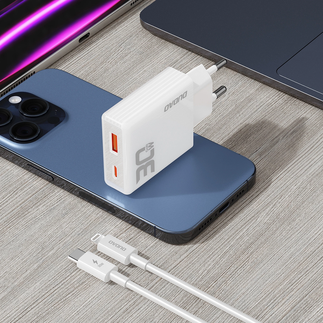 GaN Dudao A30EUL 30 W USB-A / USB-C sieninis įkroviklis + USB-C – Lightning kabelis – baltas - Image 8