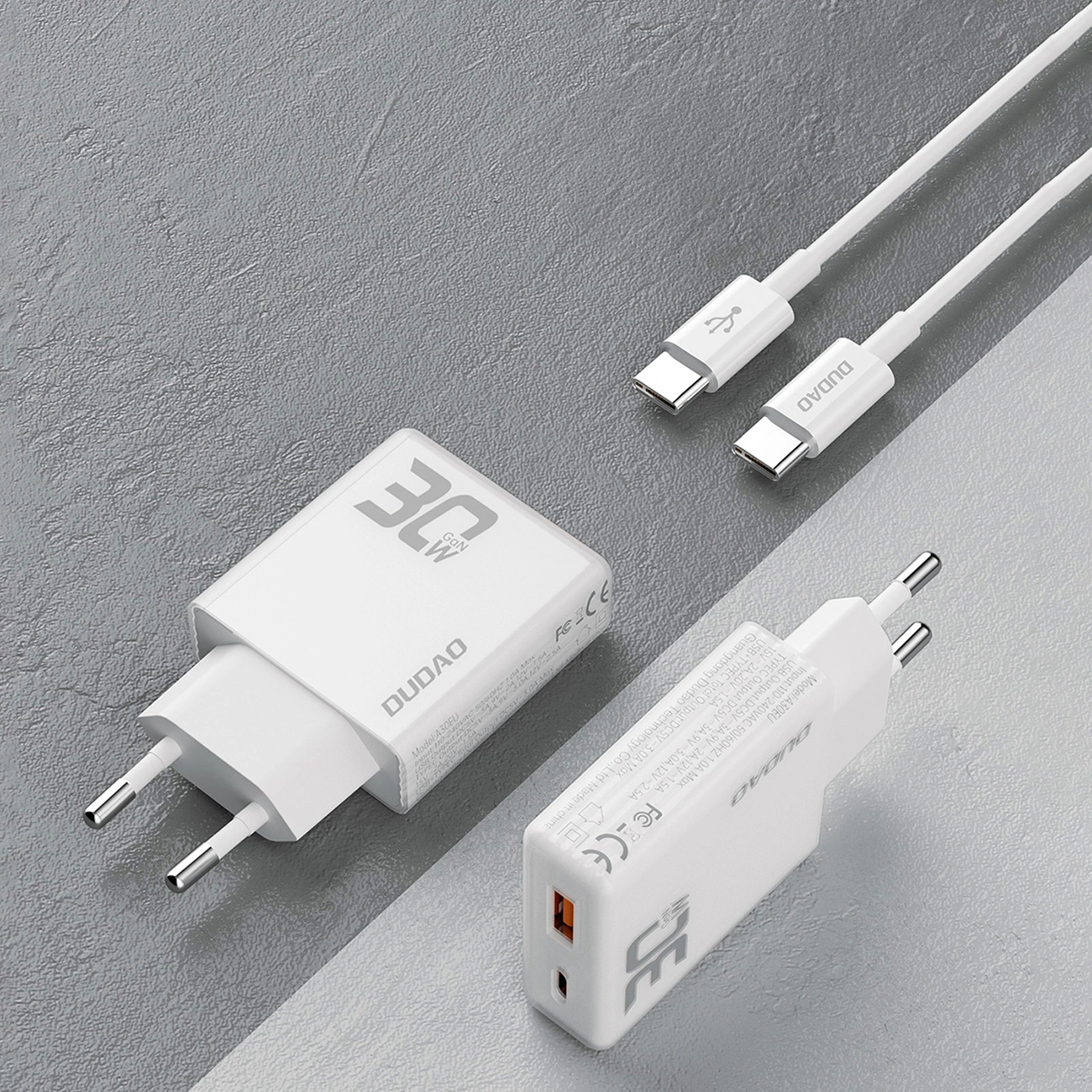 GaN Dudao A30EUT 30 W USB-A / USB-C sieninis įkroviklis + USB-C – USB-C kabelis – baltas - Image 3