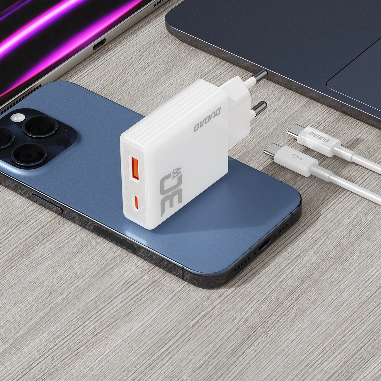 GaN Dudao A30EUT 30 W USB-A / USB-C sieninis įkroviklis + USB-C – USB-C kabelis – baltas - Image 8