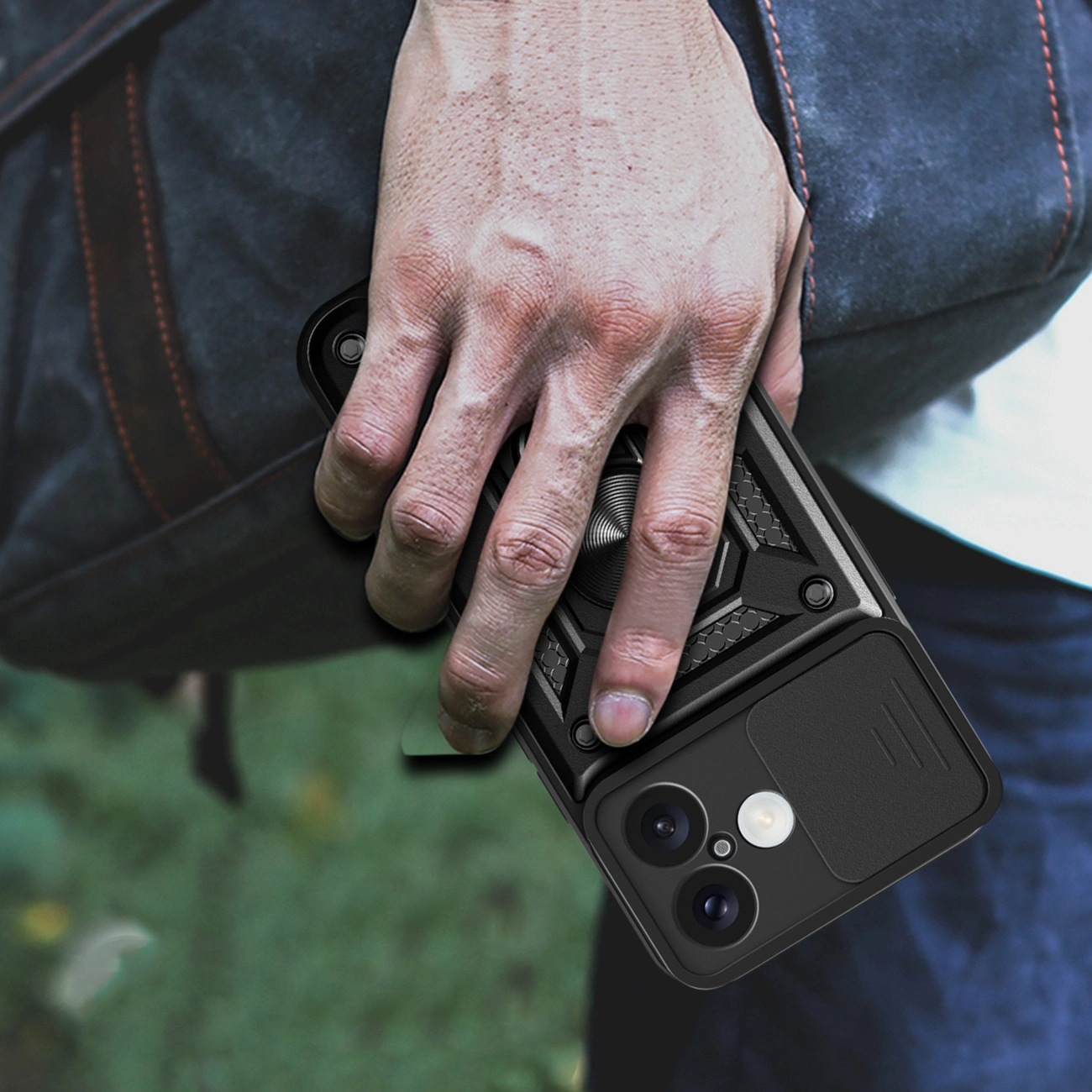 Hybrid Armor Camshield iPhone 16 šarvuotas dėklas su kameros dangteliu ir stovu – juodas - Image 10