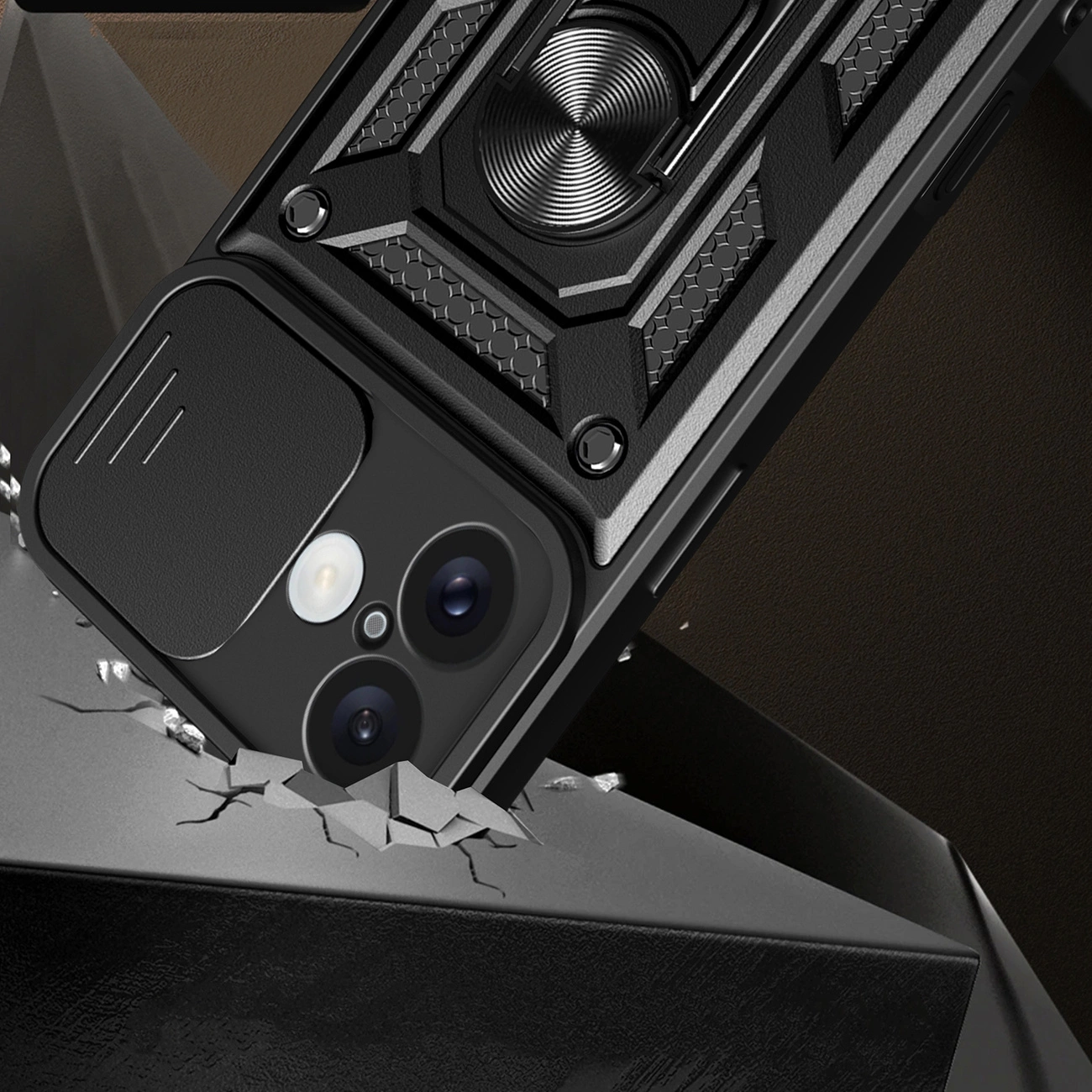 Hybrid Armor Camshield iPhone 16 šarvuotas dėklas su kameros dangteliu ir stovu – juodas - Image 2