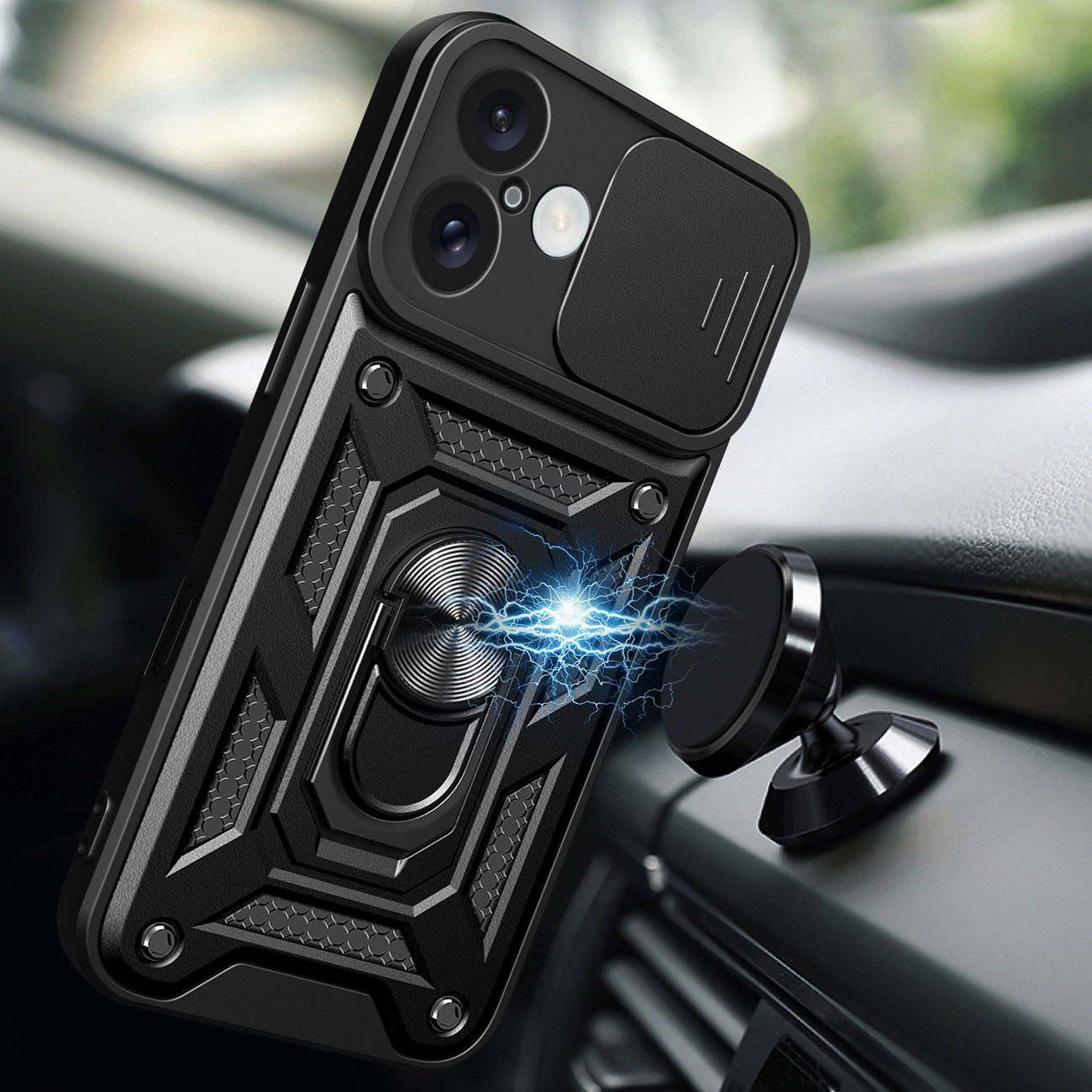 Hybrid Armor Camshield iPhone 16 šarvuotas dėklas su kameros dangteliu ir stovu – juodas - Image 3
