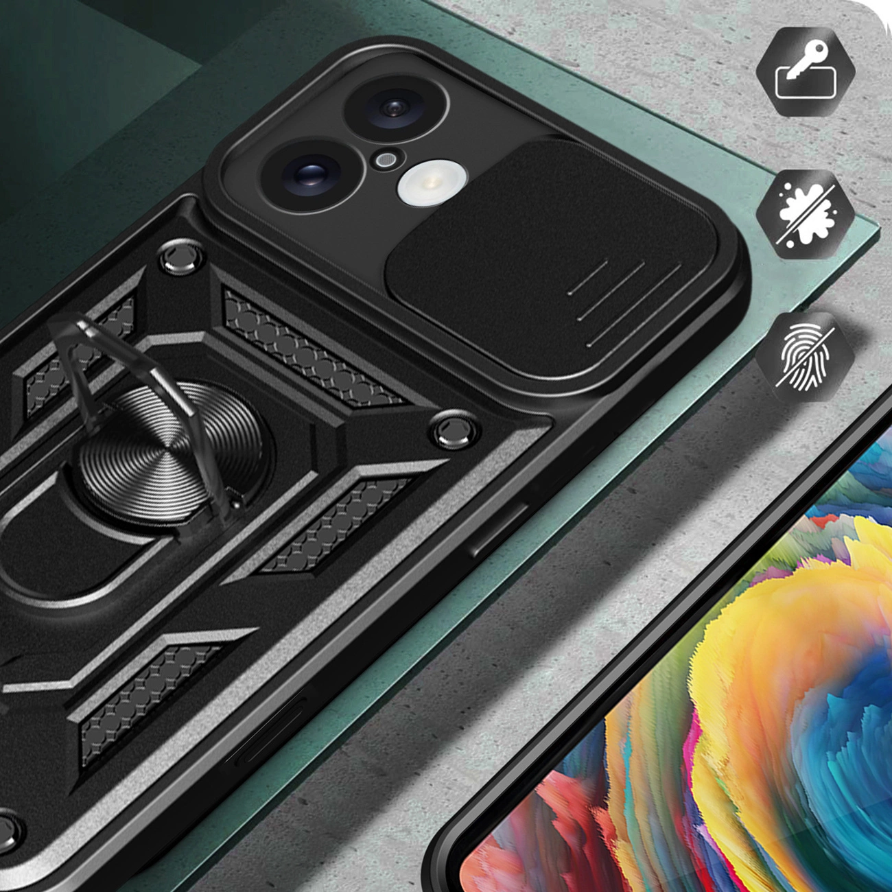 Hybrid Armor Camshield iPhone 16 šarvuotas dėklas su kameros dangteliu ir stovu – juodas - Image 4