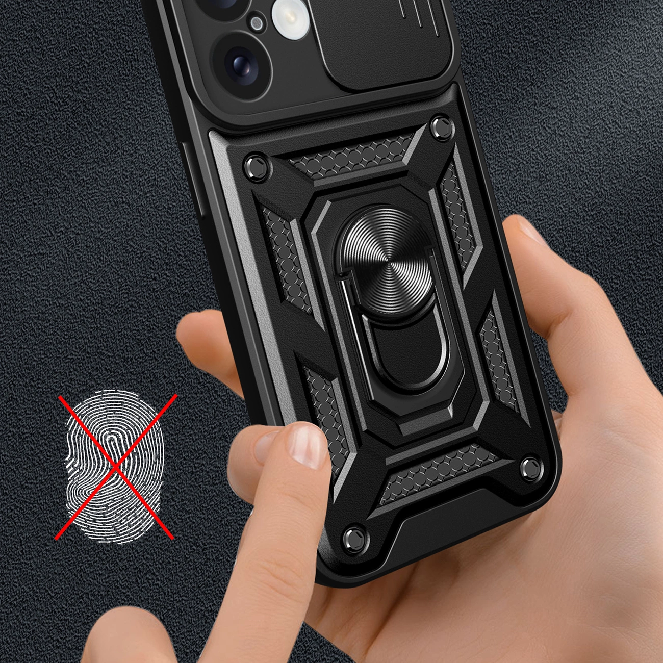 Hybrid Armor Camshield iPhone 16 šarvuotas dėklas su kameros dangteliu ir stovu – juodas - Image 5