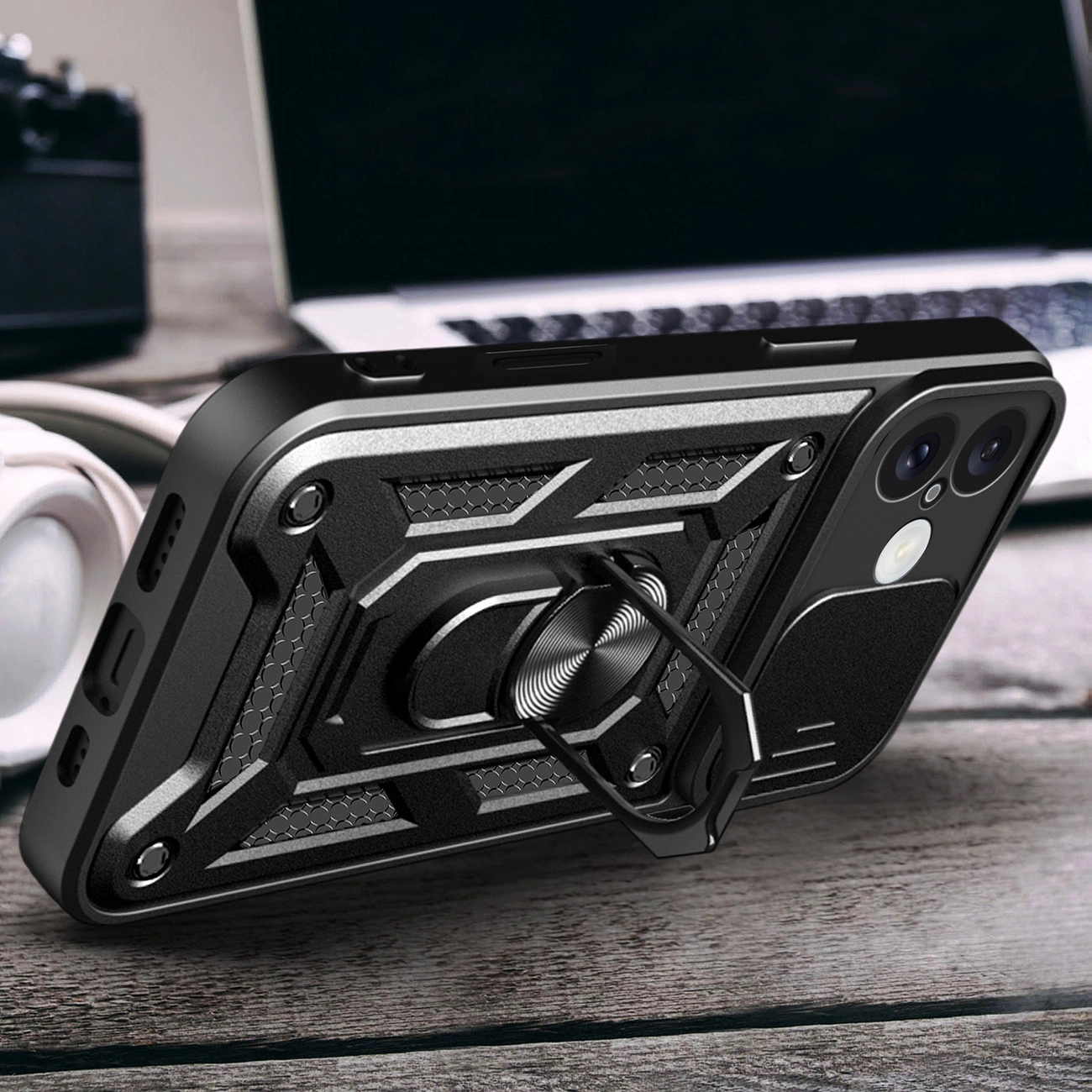 Hybrid Armor Camshield iPhone 16 šarvuotas dėklas su kameros dangteliu ir stovu – juodas - Image 6